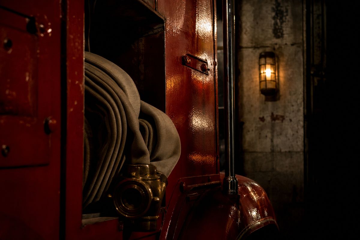 Detail of a fire station at night: worn red apparatus panel, coiled canvas hose and a brass fitting under a single work light.